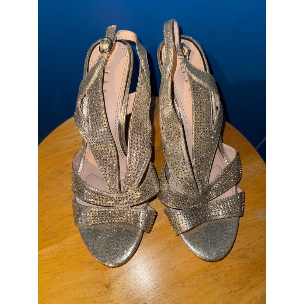 Kelly & Katie Gold‎ Metallic Rhinestone Strappy Slingback Heels Evening Sandals